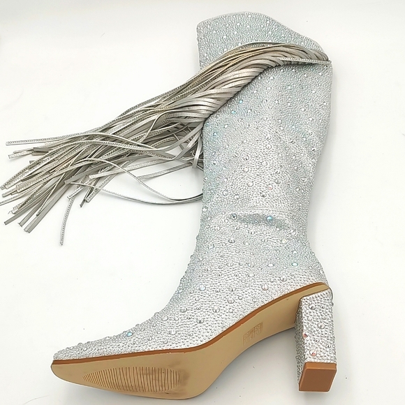 Women's Silver Fringe Rhinestone Cowboy Boots Silver 7 - Picture 12 of 16